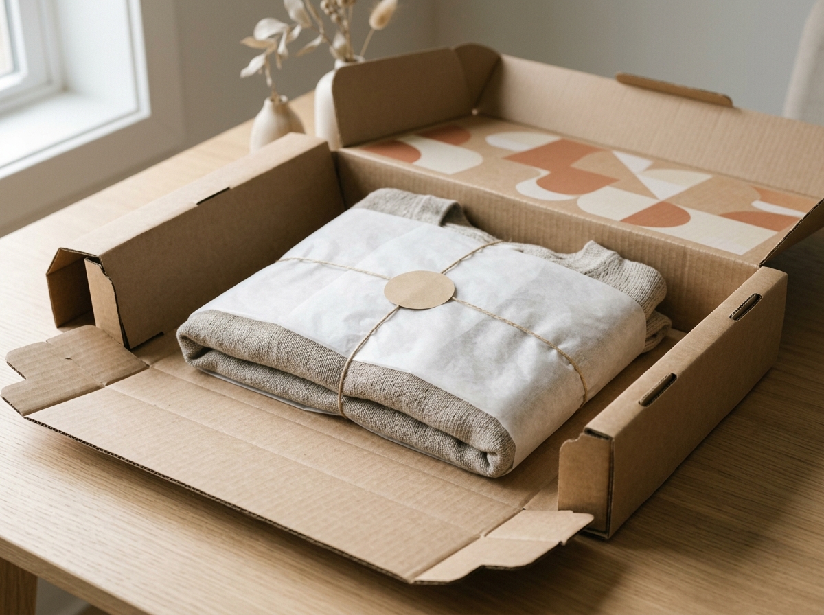 Custom flat-shipping roll-end corrugated mailer box with interior printing tailored for apparel textiles