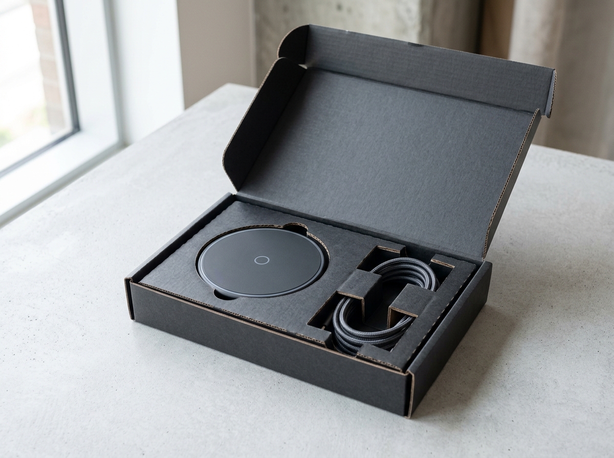 Custom black E-flute corrugated presentation box with shock-absorbing dieline inserts for electronics accessories