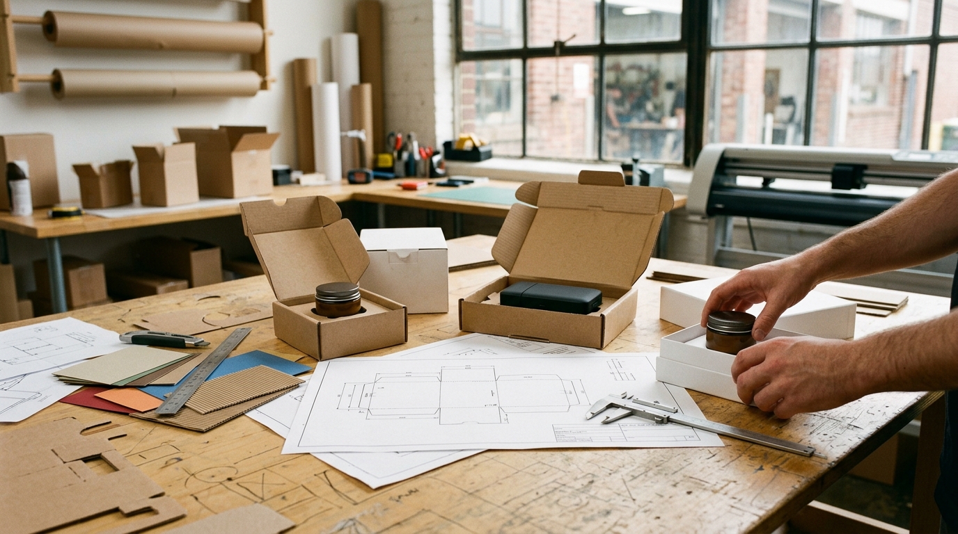 Packaging dieline blueprints, precision calipers and physical box prototypes being engineered around customer products in our workshop