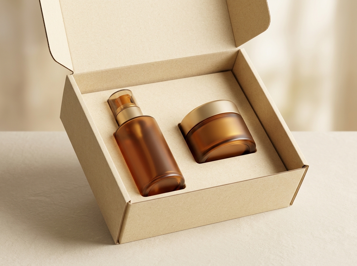 Custom hinged-lid mailer box with precision paperboard insert engineered for skincare glass bottles