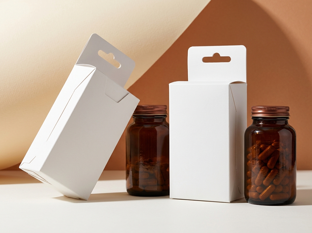 Custom auto-bottom folding carton and euro-slot hanging retail box tailored for supplement bottles