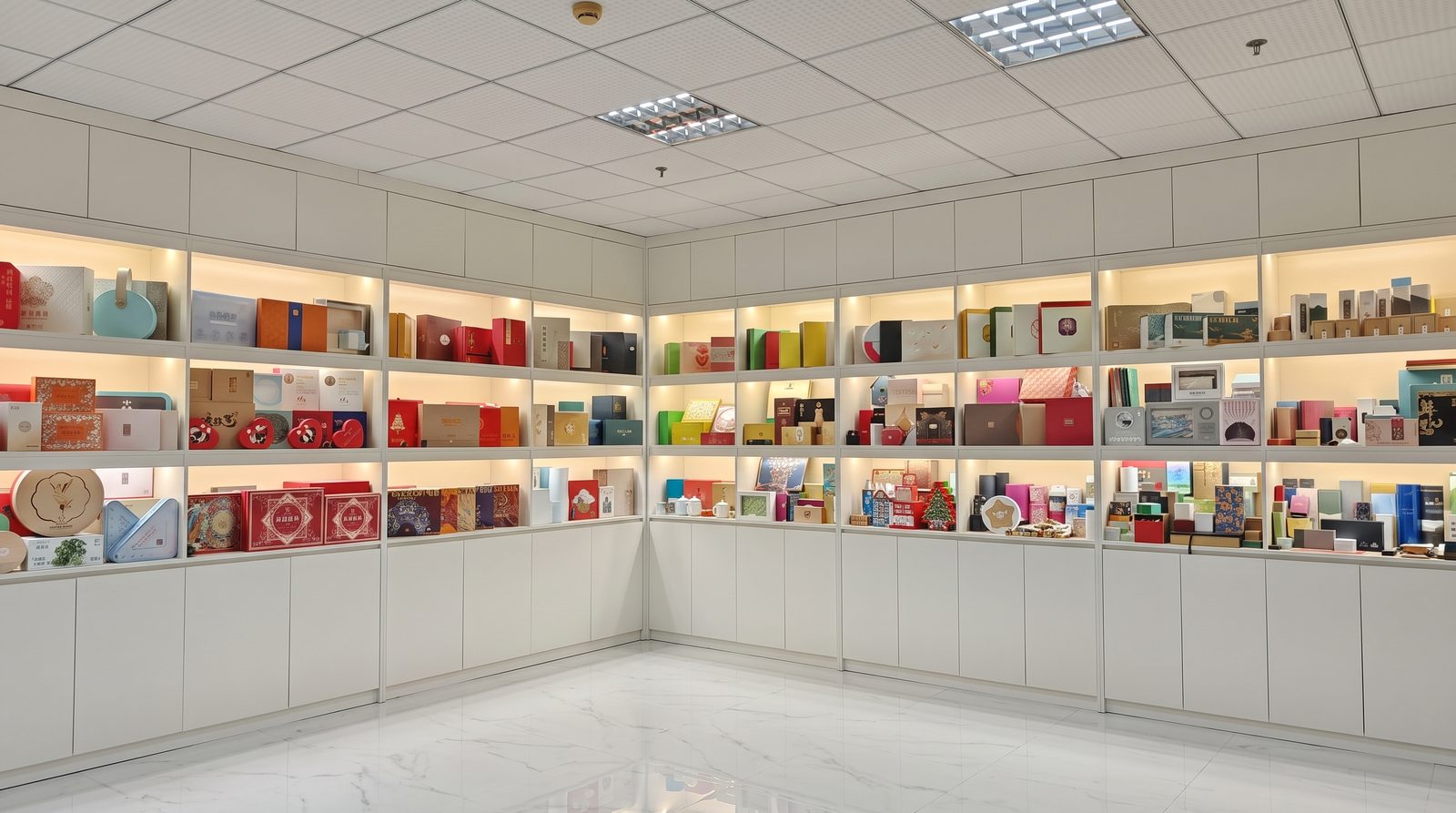 Printed box samples across categories displayed in our sample room