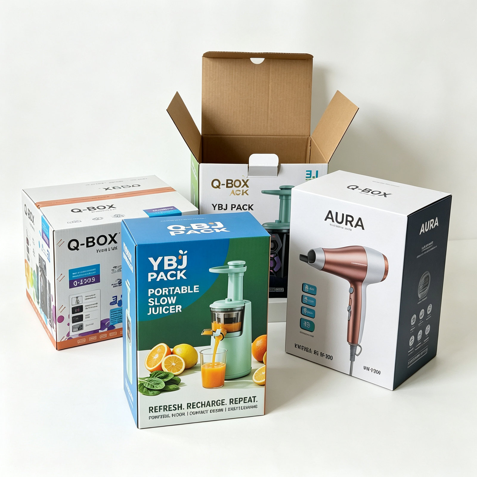 Custom printed electronics boxes in white and teal with product photography on the panels
