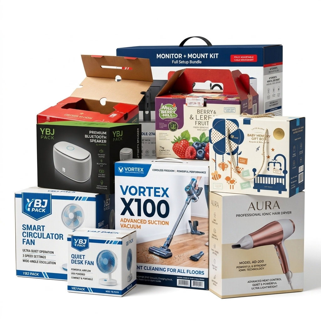 Pile of assorted custom printed boxes across many product categories