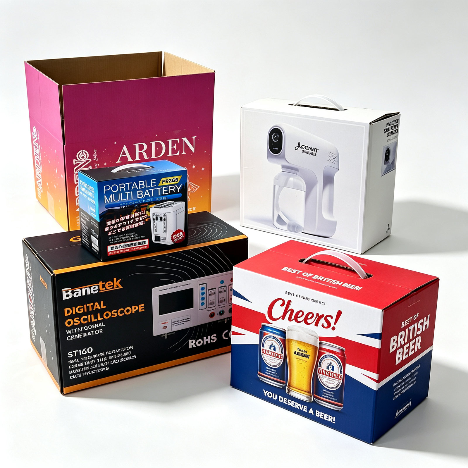 Branded product boxes in magenta, black and red printed finishes