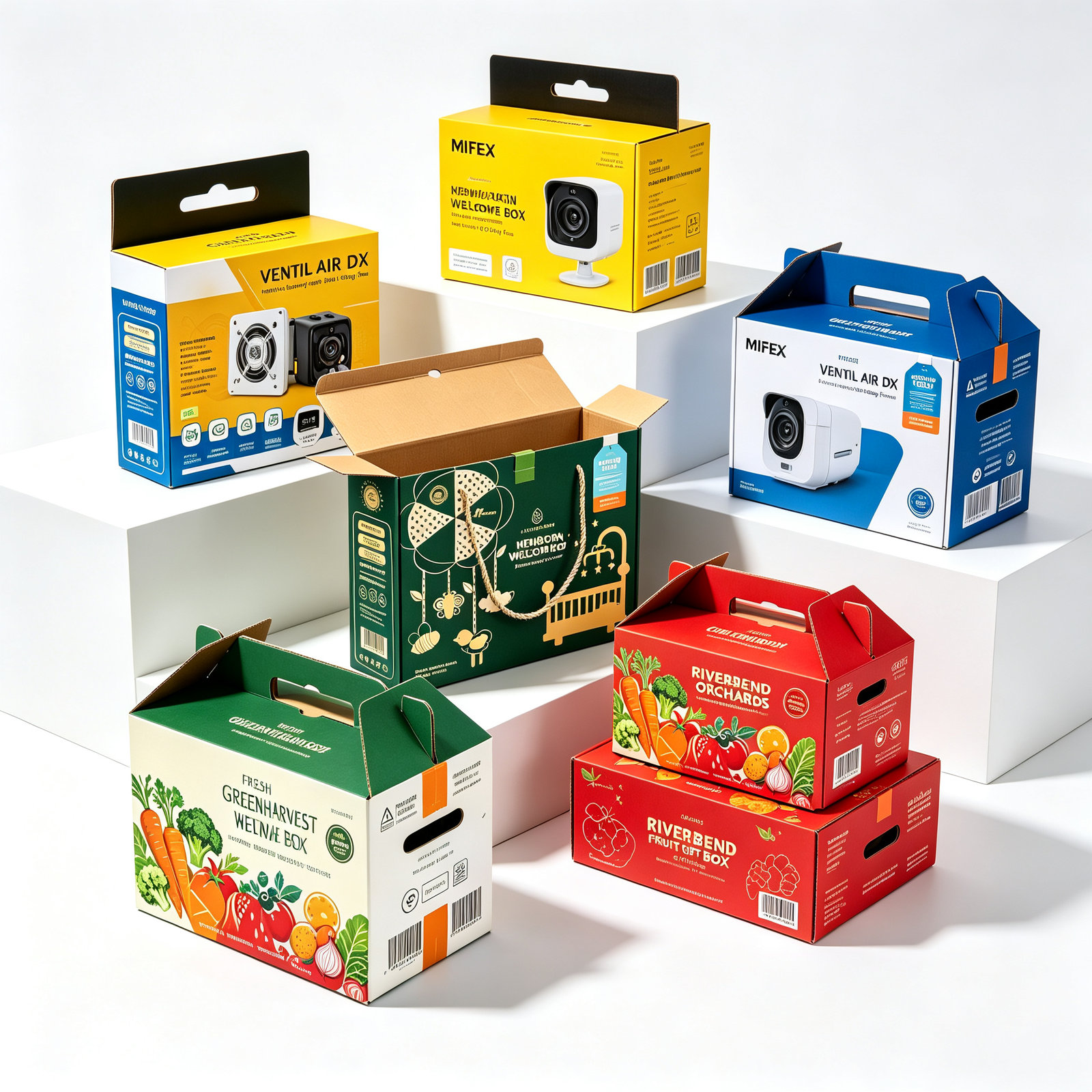 Product boxes on printed hanging display cards for retail racks