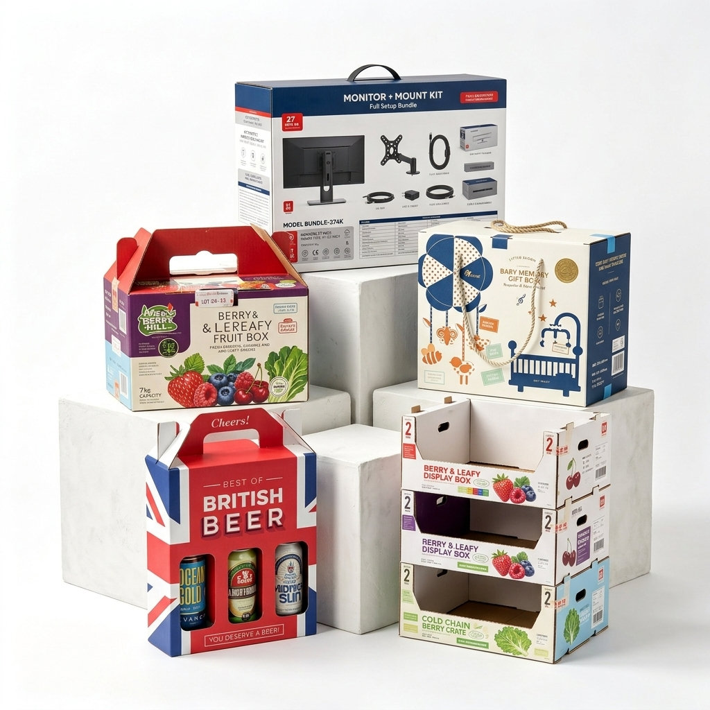 Stacked gift boxes with ribbon accents arranged in a pyramid display