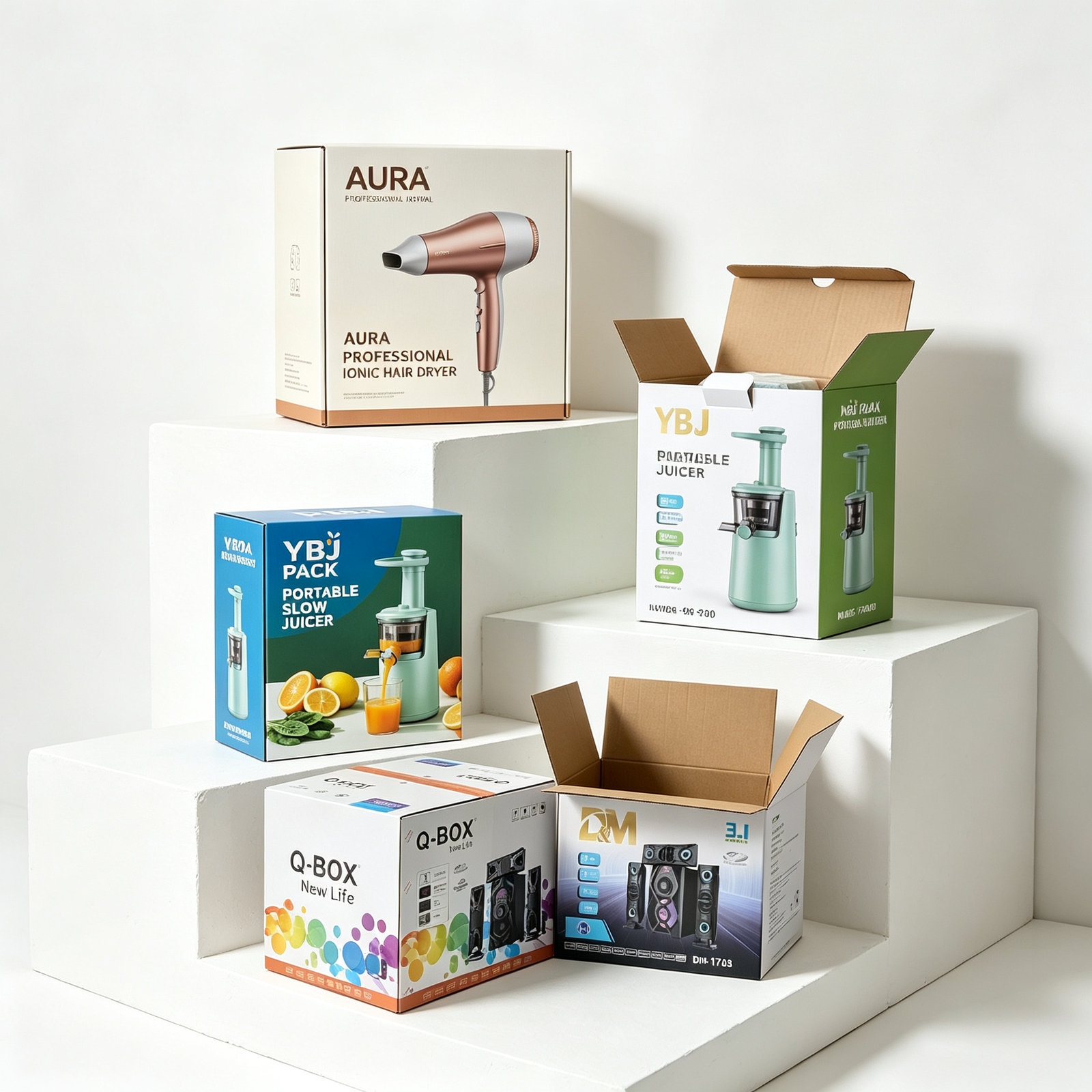 Printed appliance boxes for an air purifier, juicer and hair dryer lined up side by side
