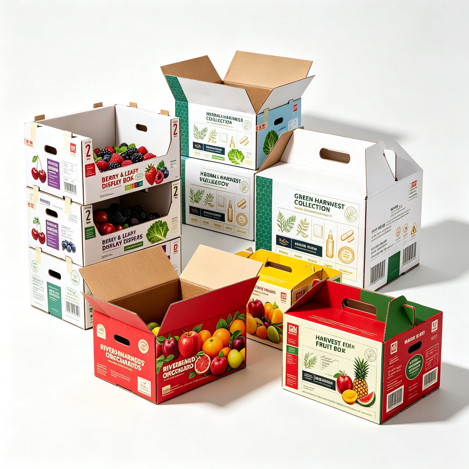 Stacked kraft produce boxes printed with fresh fruit illustrations