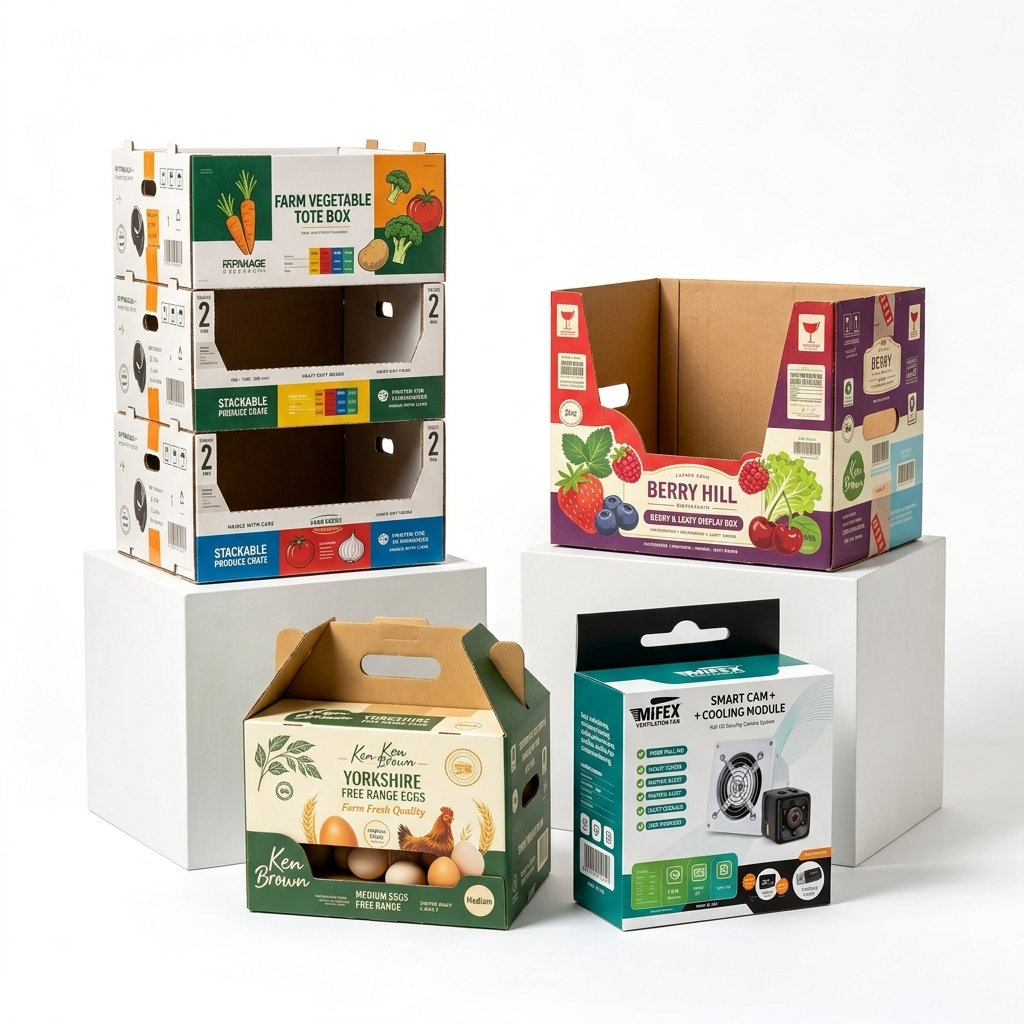 Paper produce trays and egg cartons printed with product labels