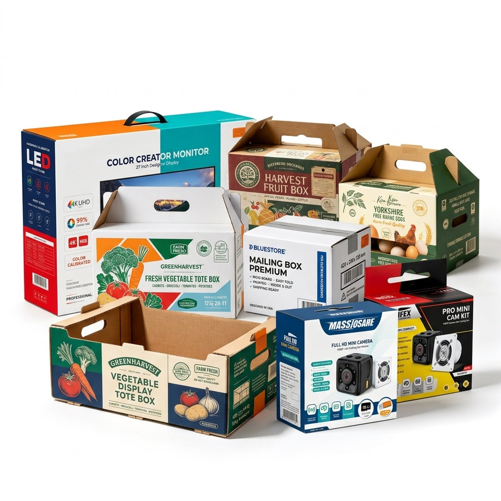 Assorted retail packaging boxes in colorful printed finishes