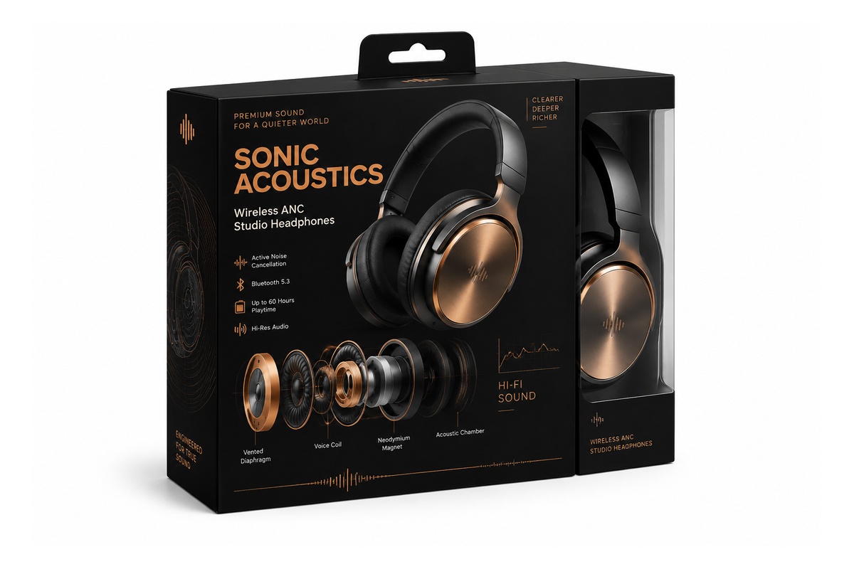 Over-Ear ANC Studio Headphones Foldable Carry Handle Box packaging product