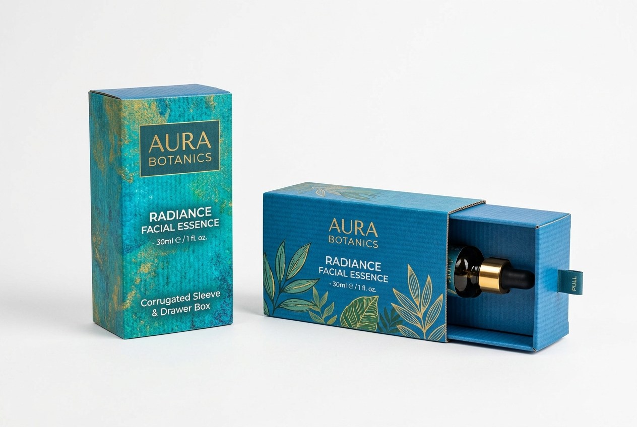 Aura Botanics Serum Sleeve & Drawer Box front view