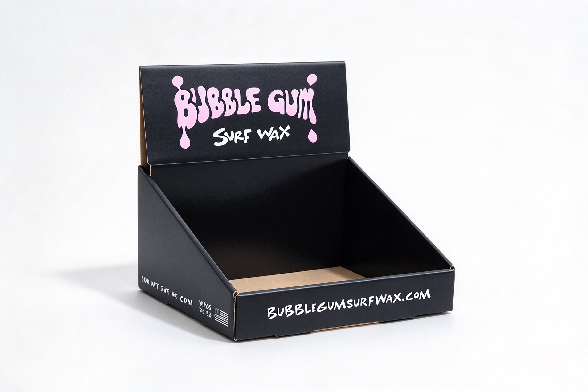 Black Pop-Print Counter Display Bin for Surf Wax front view