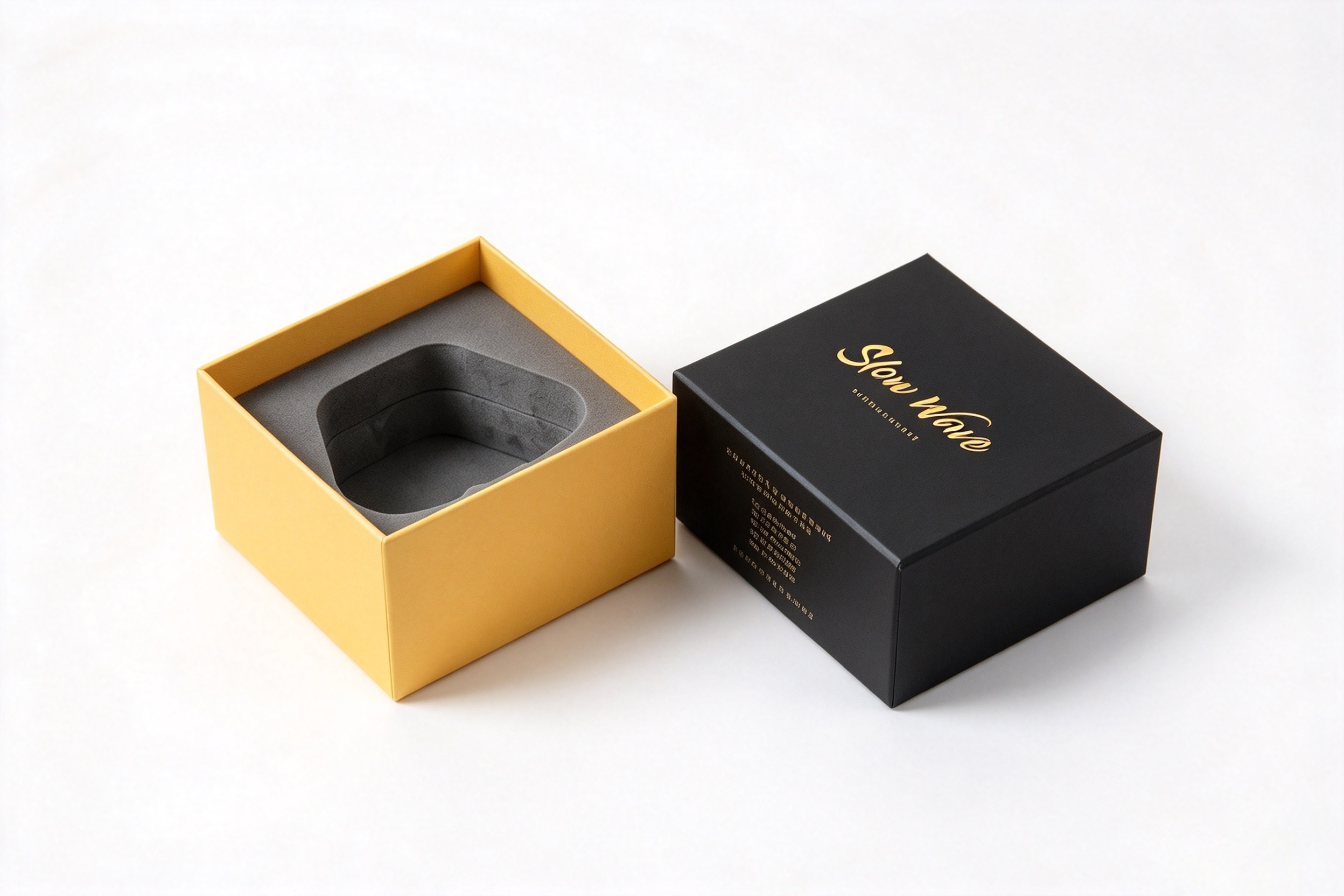 Black & Mustard Watch Lid & Base Box with Molded Cushion front view