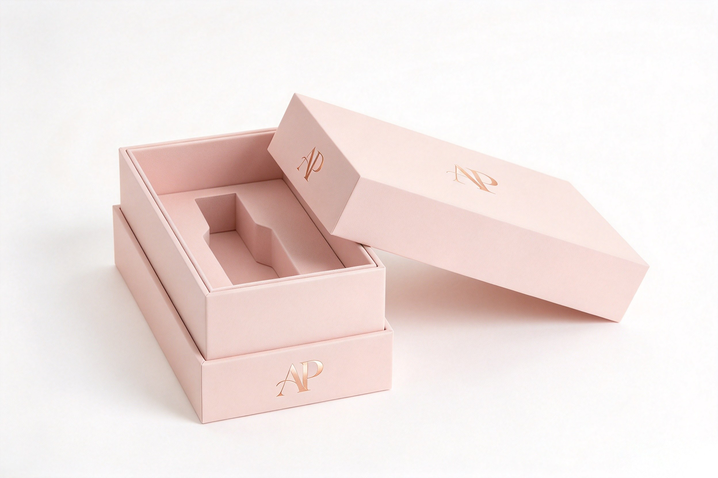 Blush Pink Rigid Lid & Base Box with Molded Tray front view