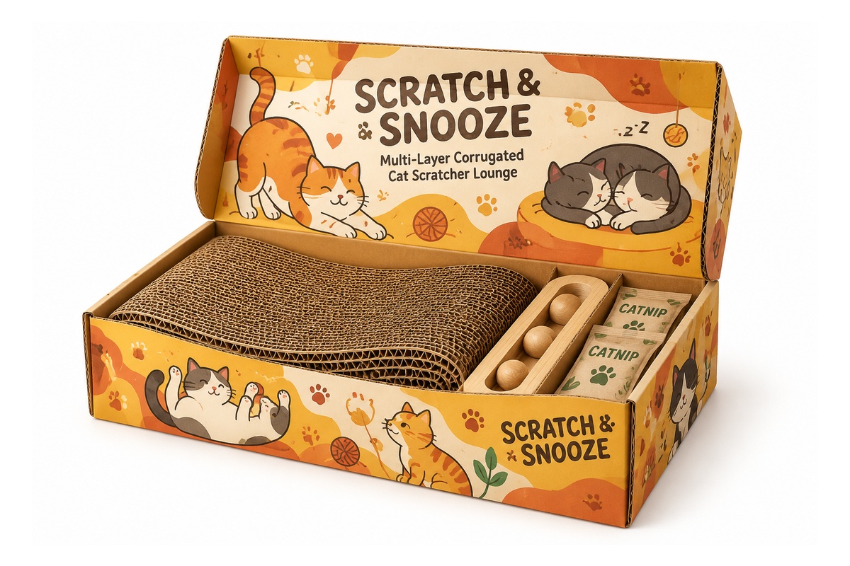Modular Corrugated Cat Scratcher Lounge Flat-Pack Retail Box packaging product
