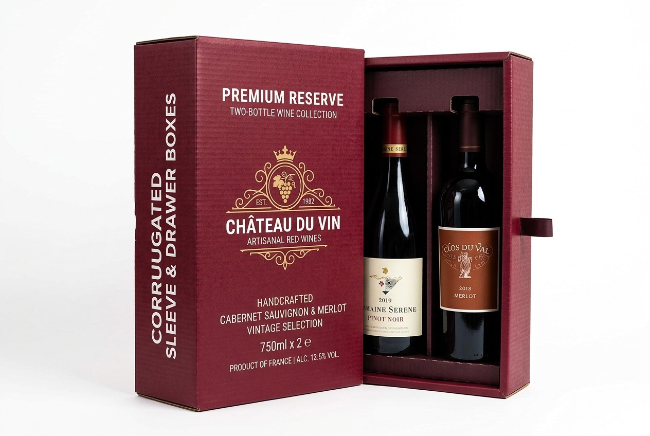 Château du Vin Two-Bottle Sleeve & Drawer Case packaging product