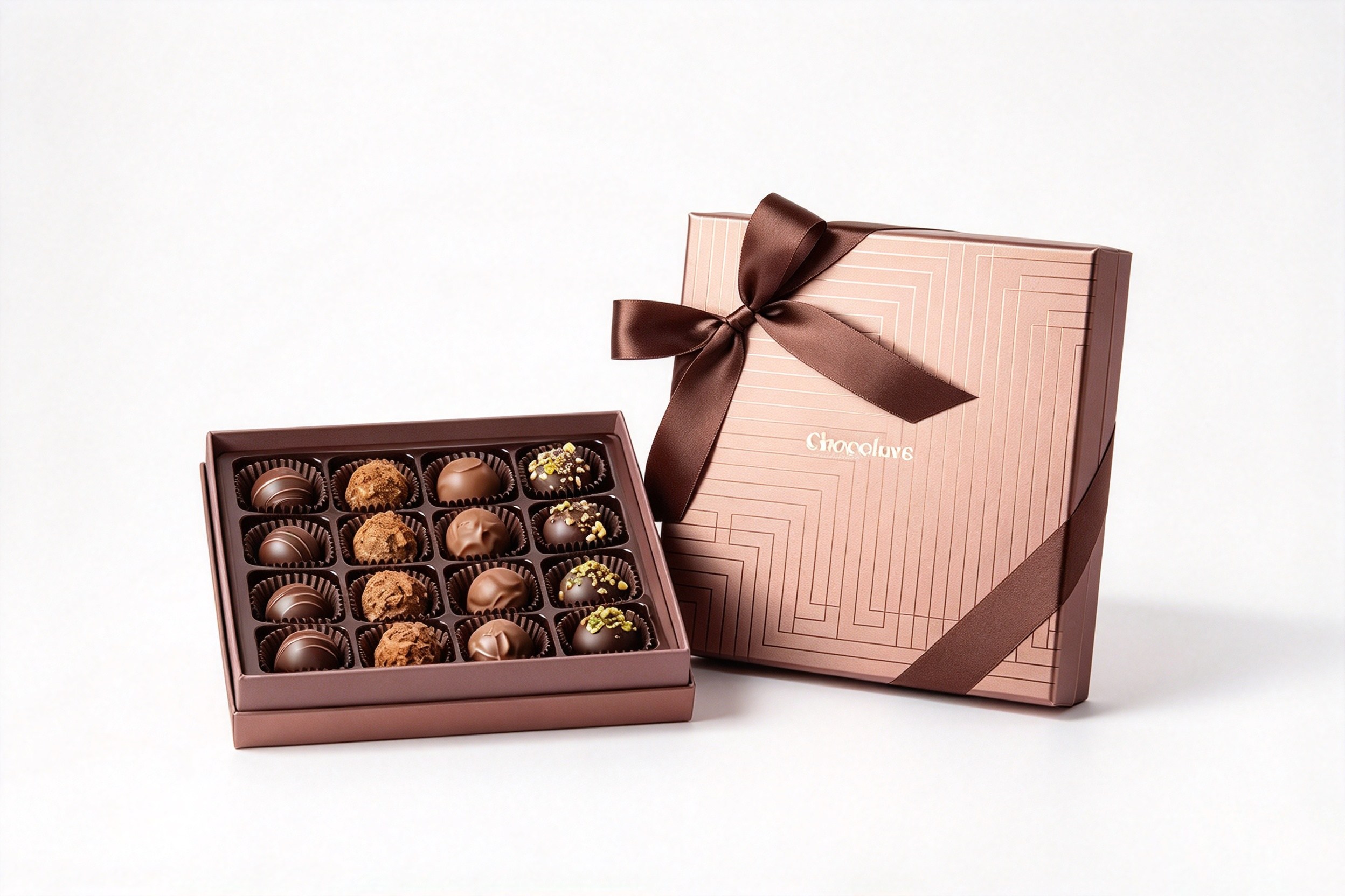 Chocolate Truffle Lid & Base Gift Box with Ribbon front view