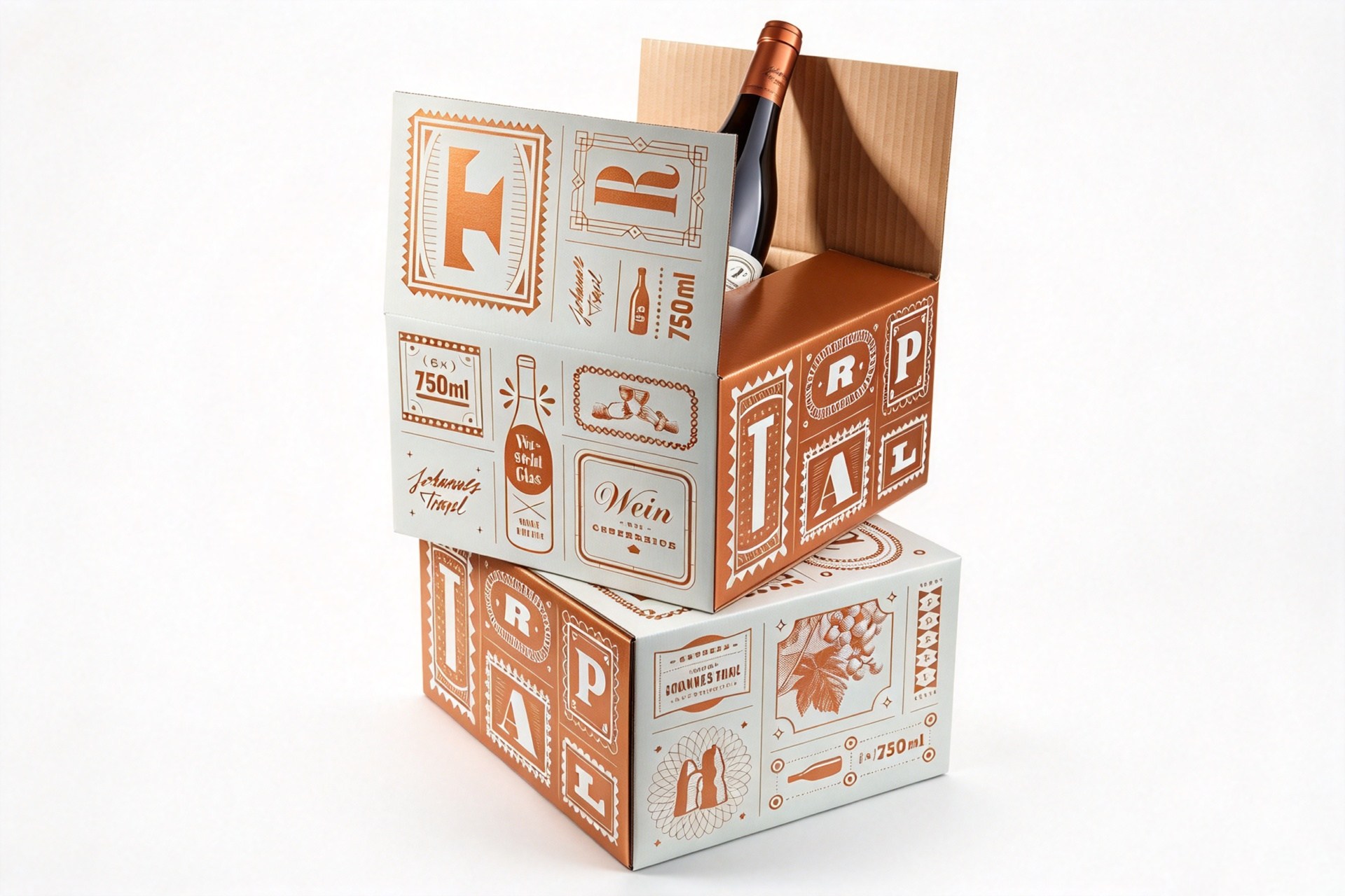 Copper-Printed Corrugated Wine Bottle Shipper Box front view