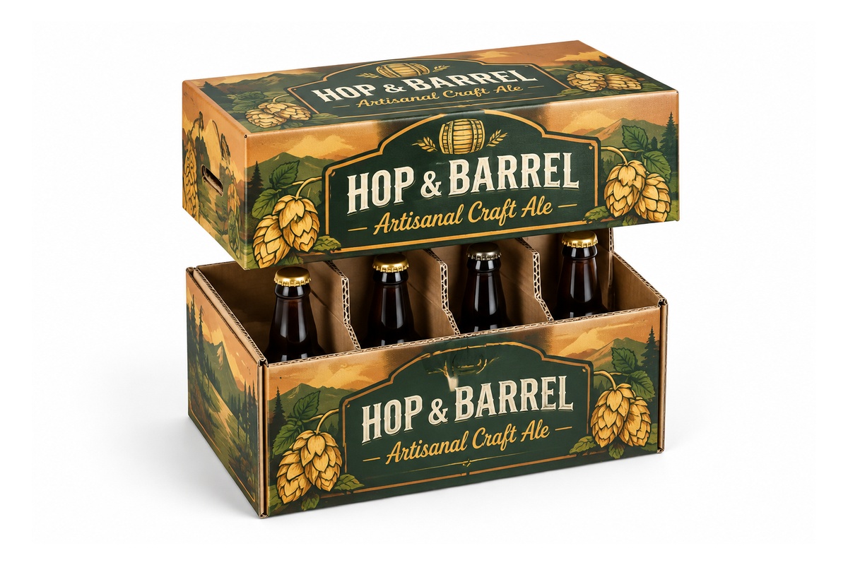 Craft Beer 4-Bottle Corrugated Lid & Base Carrier Gift Box packaging product