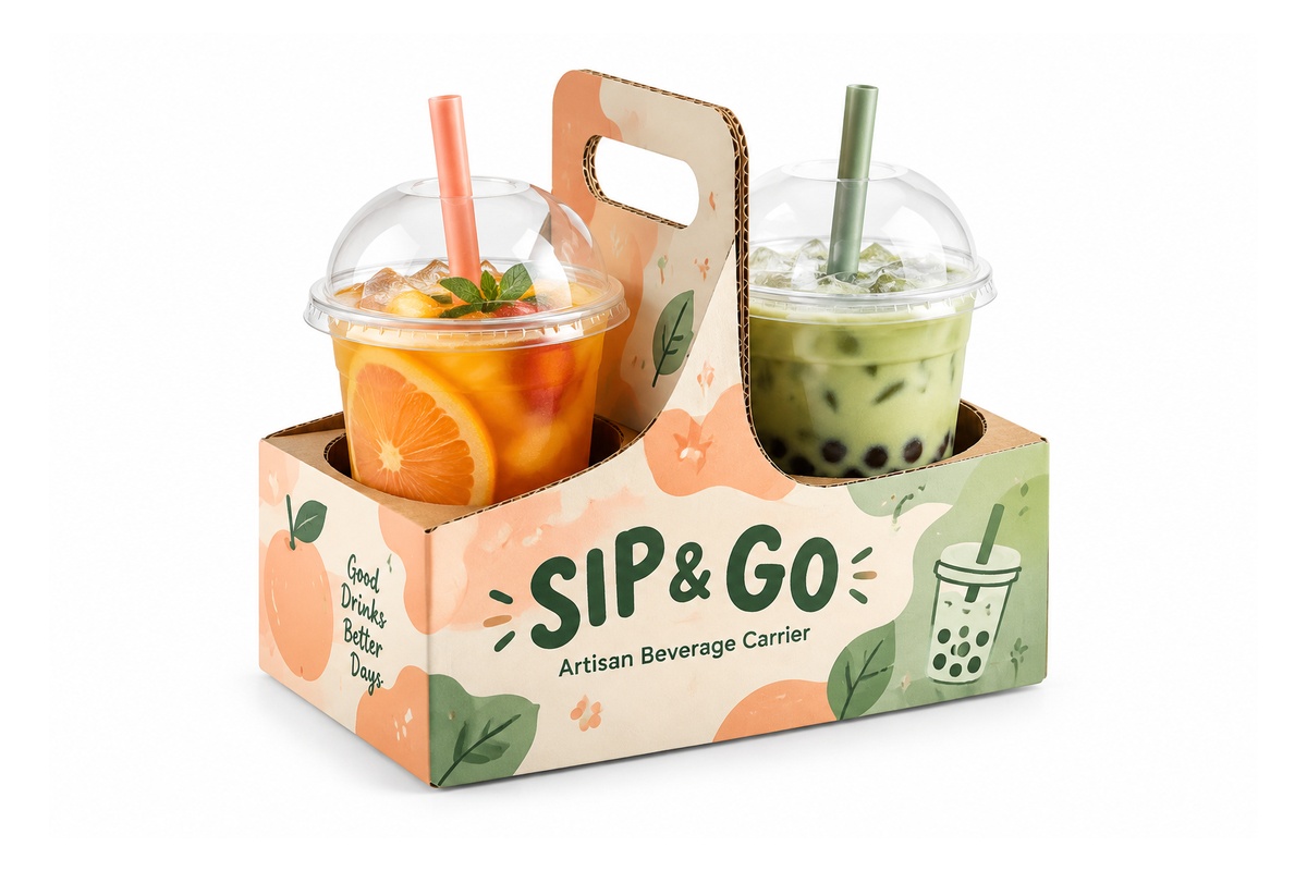 Takeaway Twin-Cup Beverage Carrier Handle Caddy packaging product