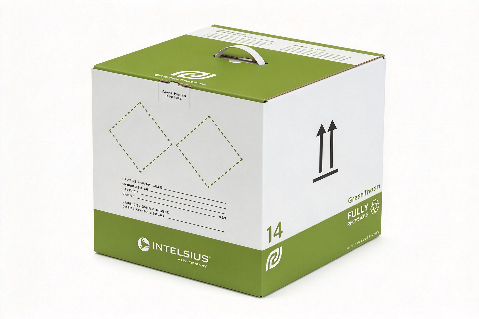 Fully Recyclable Green & White Cube Shipper front view