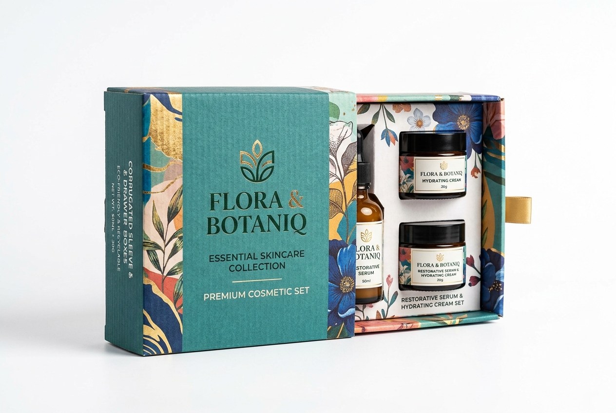 Flora & Botaniq Essential Skincare Sleeve & Drawer Set front view