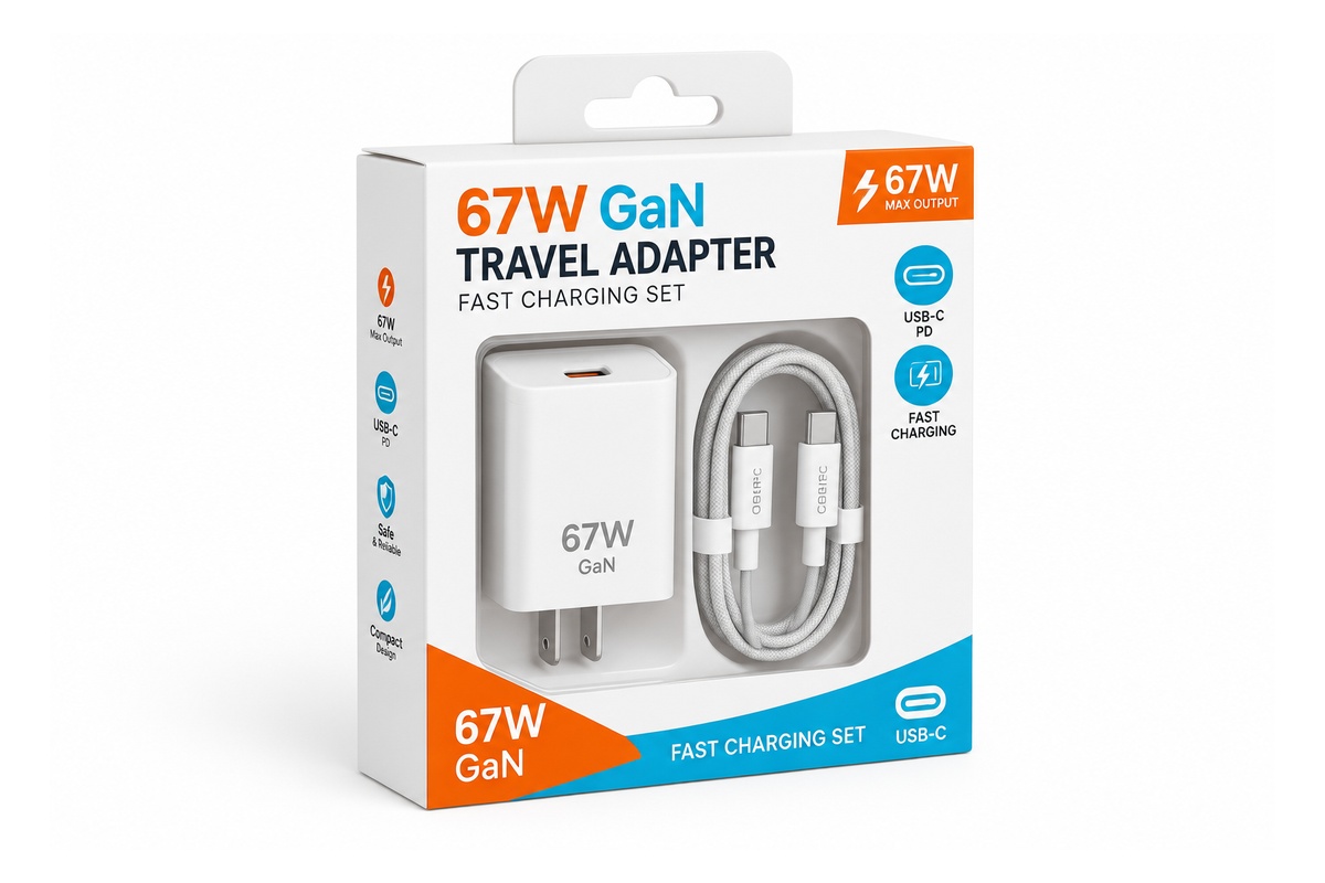 67W GaN Fast Charger & Cable Clear Window Euro-Slot Box packaging product
