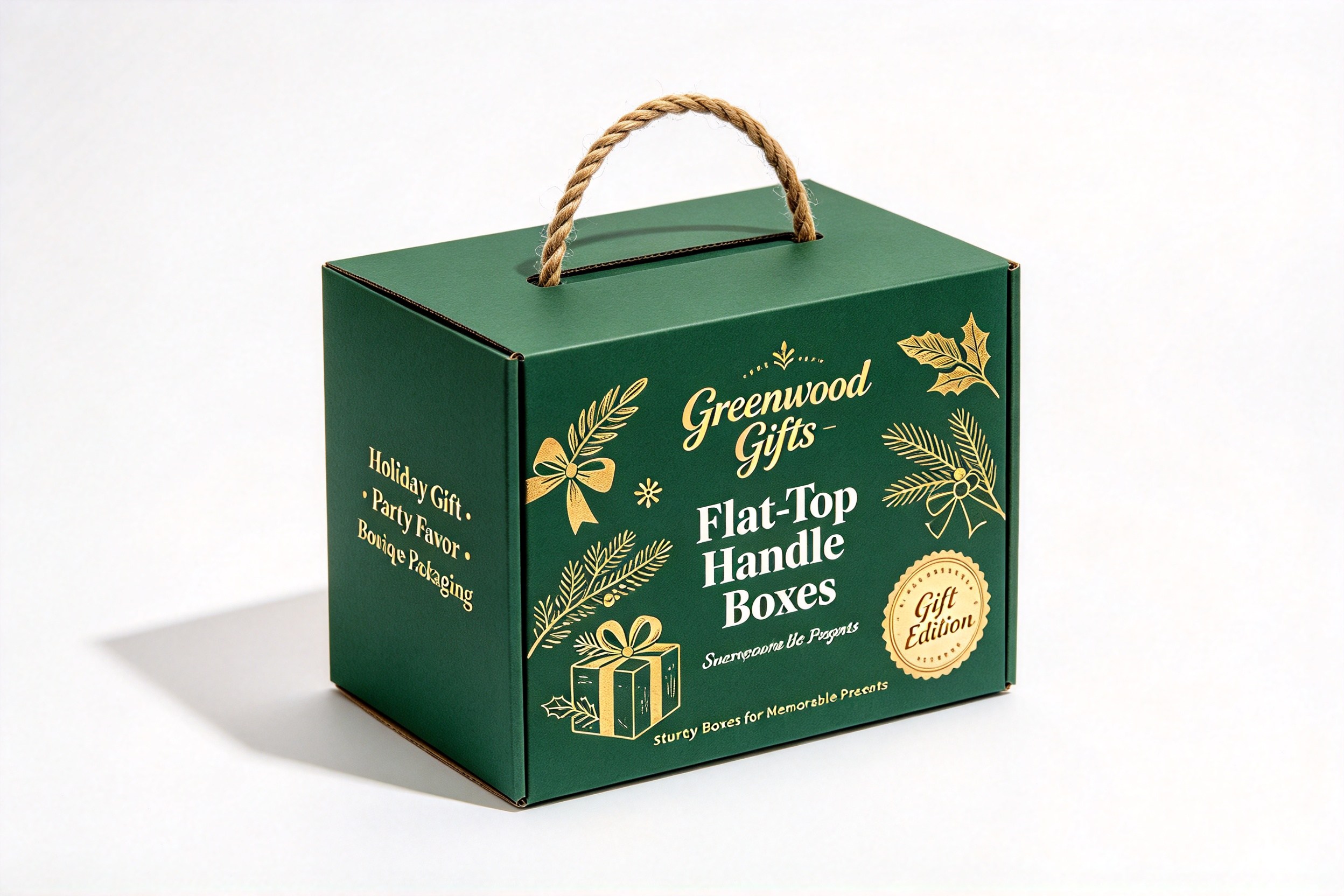 Greenwood Holiday Flat-Top Gift Box with Rope Handle front view