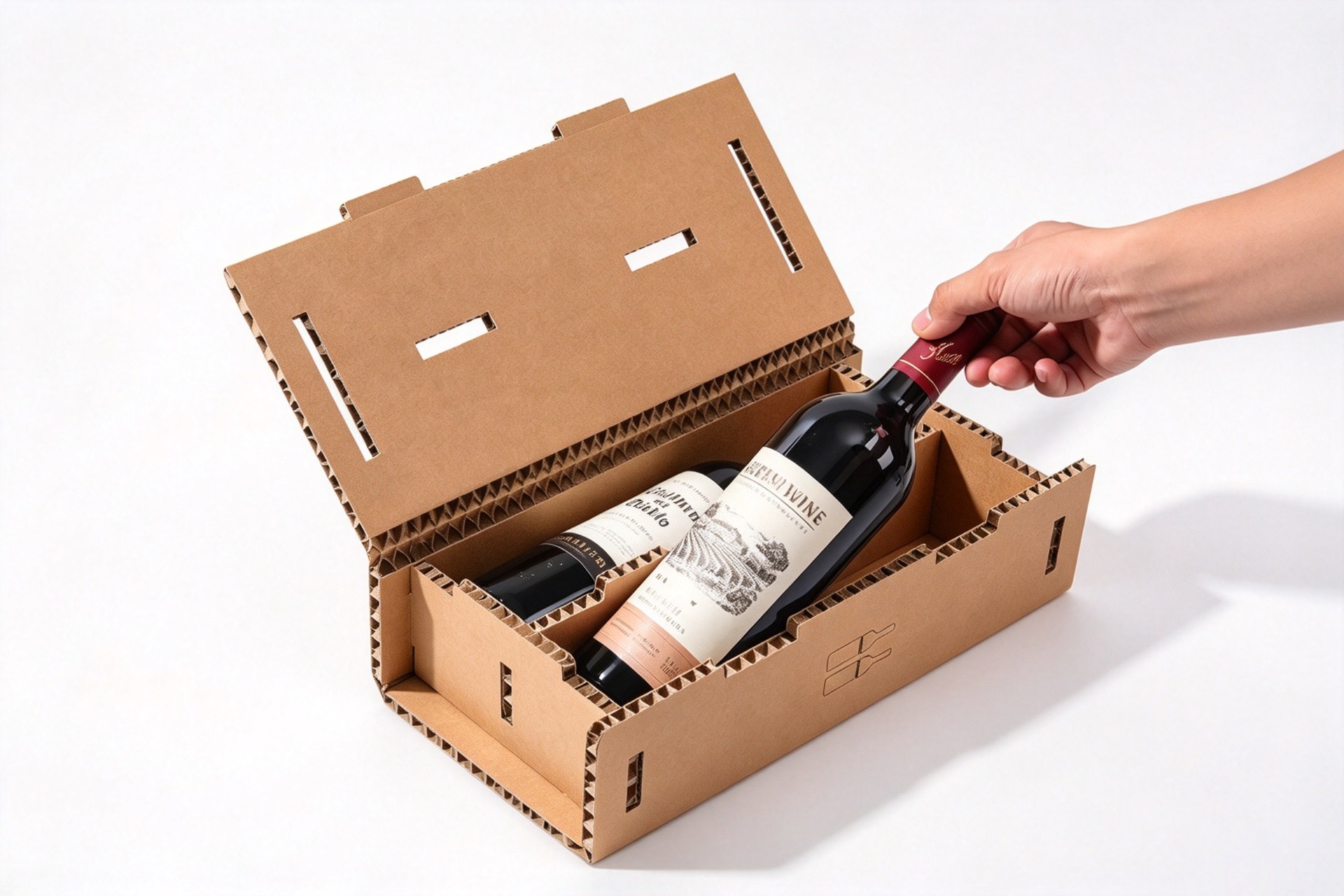 Kraft Corrugated Two-Bottle Wine Carrier with Hinged Lid packaging product
