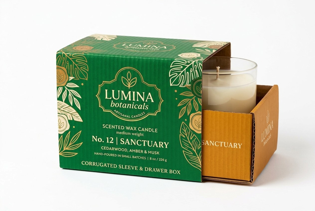 Lumina Botanicals Candle Sleeve & Drawer Box front view