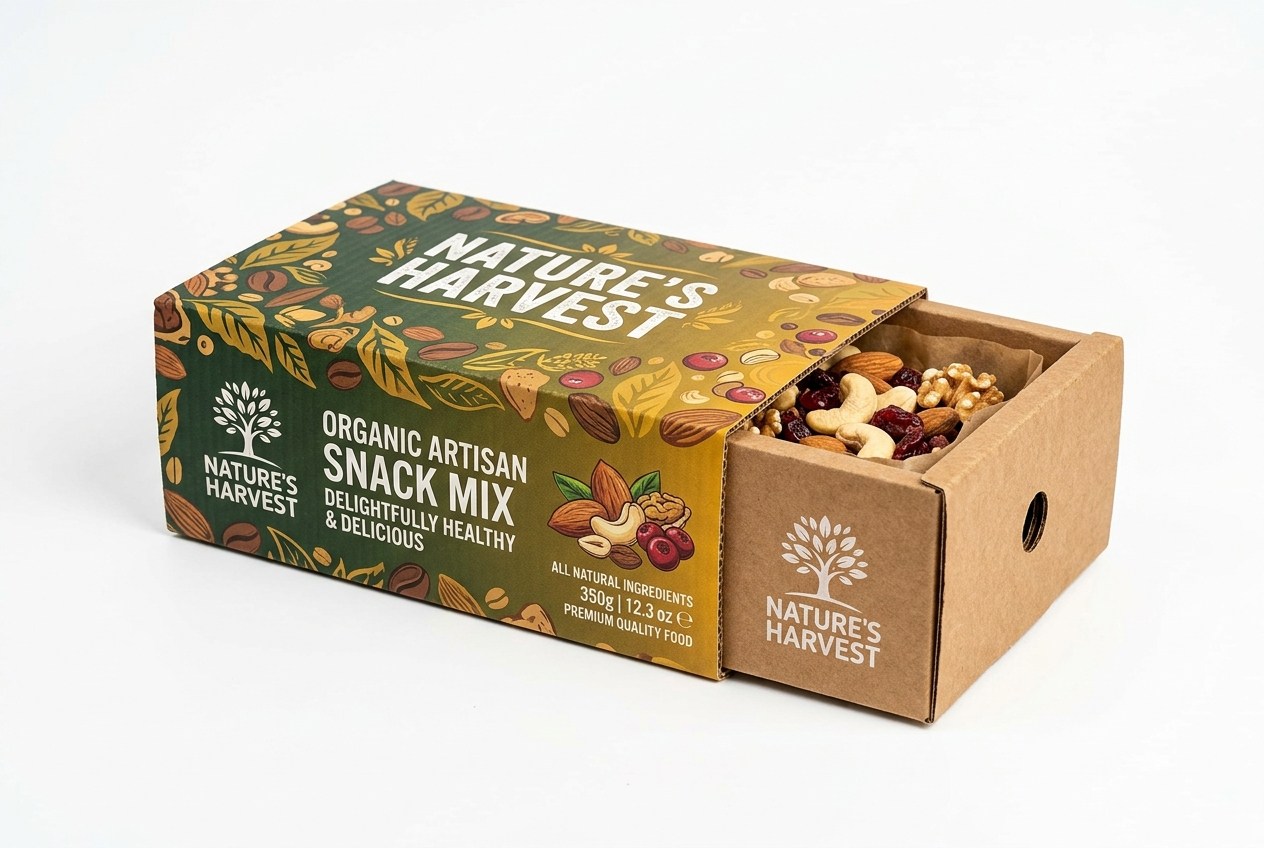 Nature's Harvest Snack Mix Sleeve & Drawer Box front view