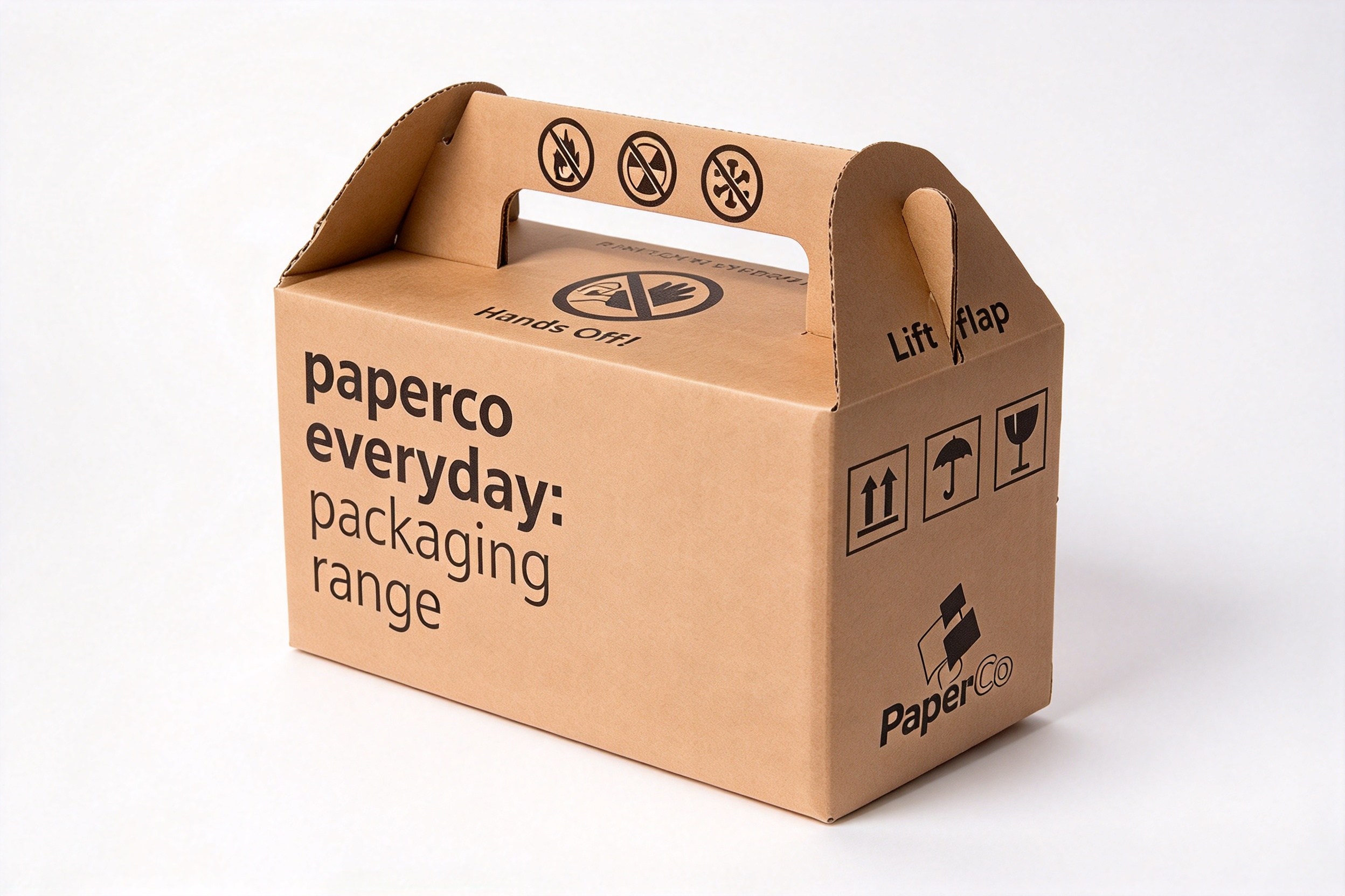 Kraft Gable Carry Box with Handling Icons front view