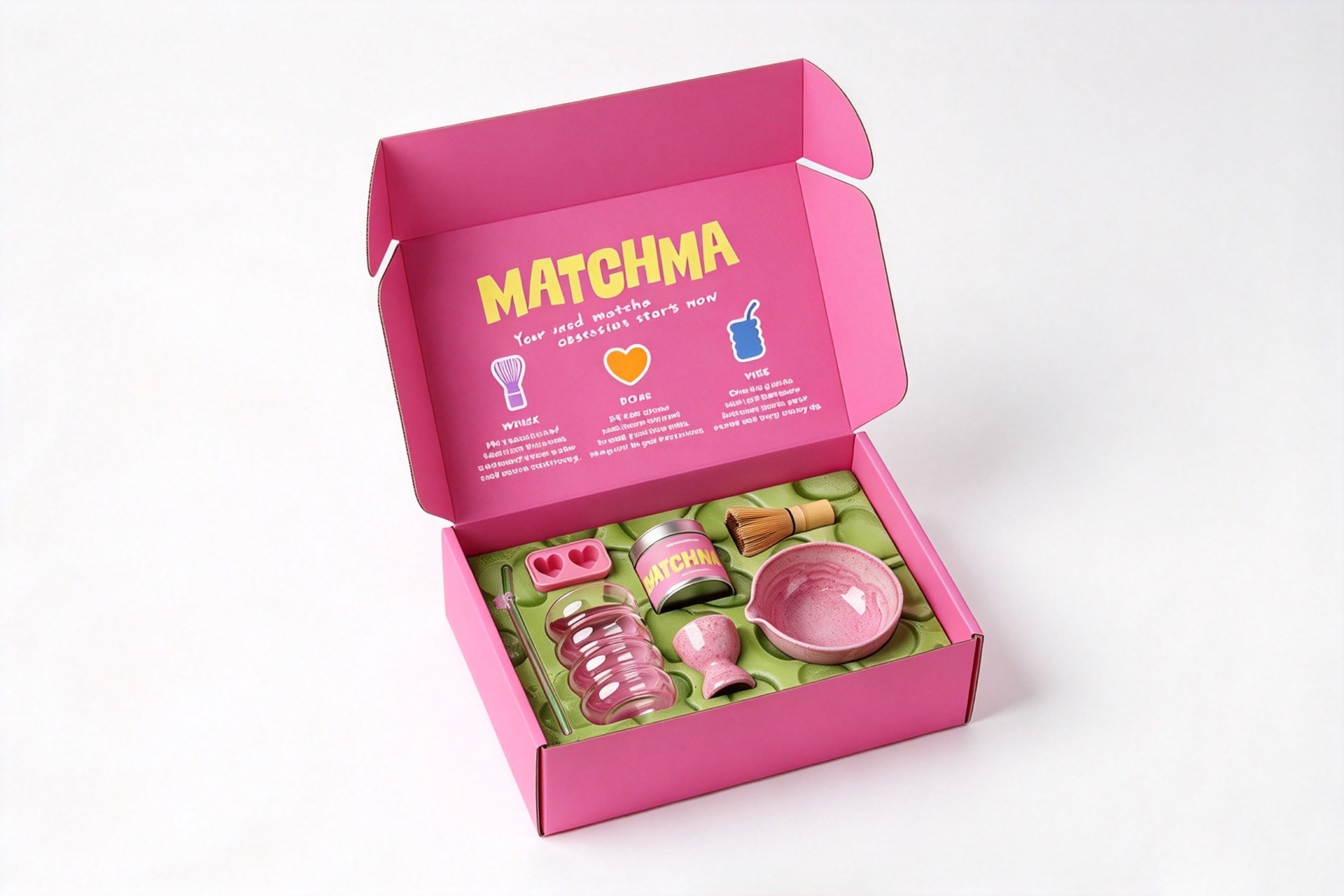 Pink Matcha Gift Mailer Box with Molded Pulp Insert front view