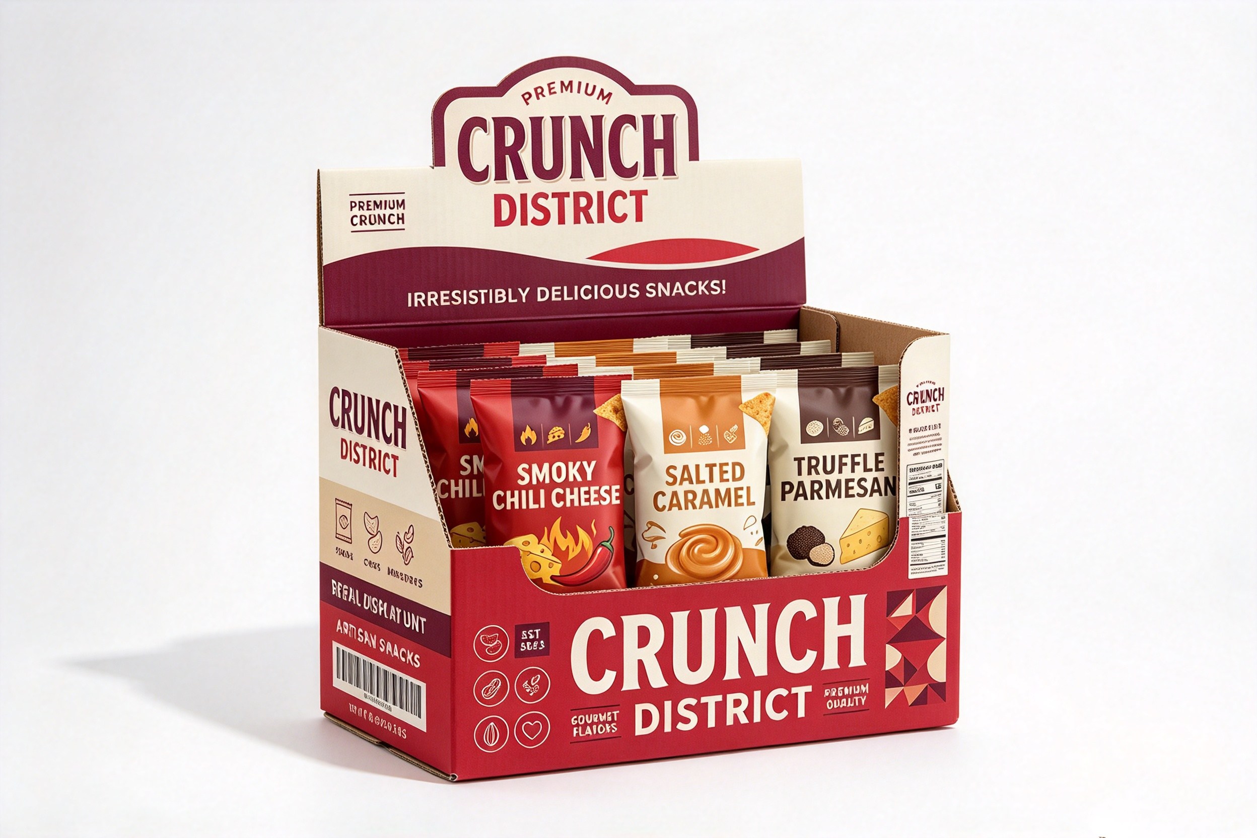 Premium Snack Counter Shipper Display with Header Card front view