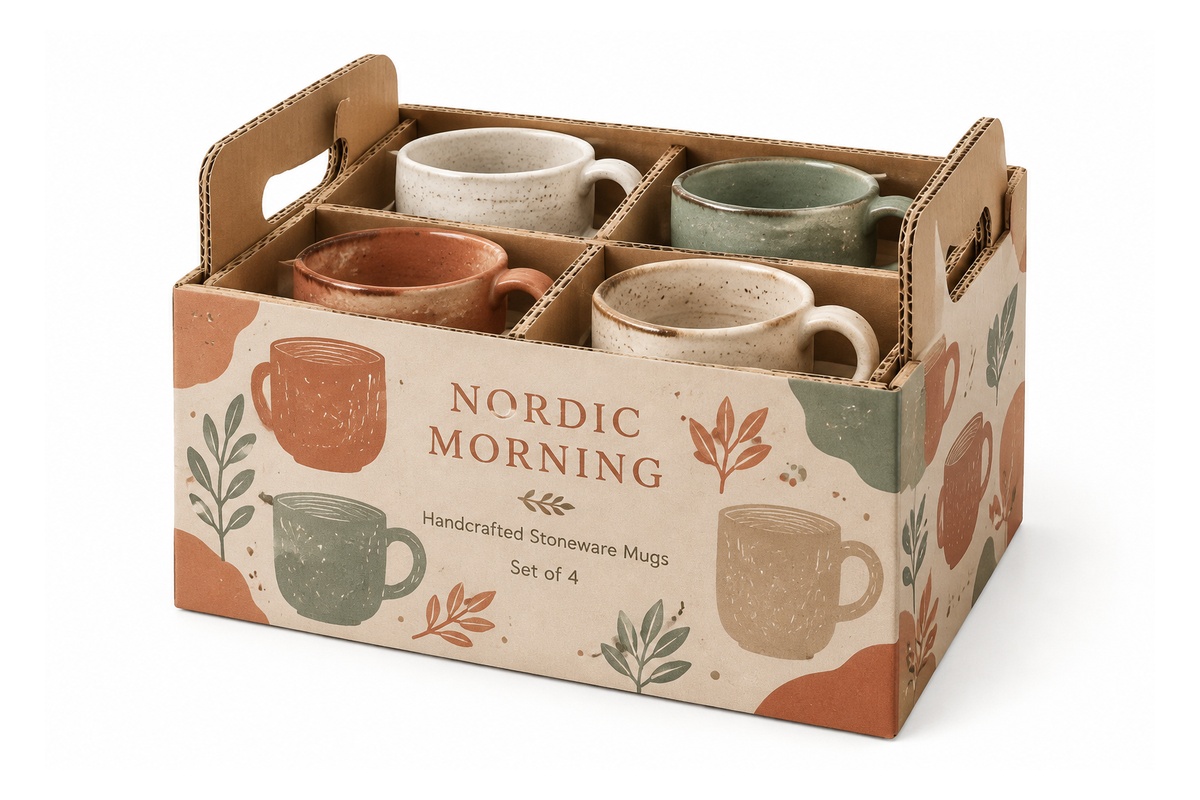 Full-Print Corrugated 4-Pack Ceramic Mug Carrier Box packaging product