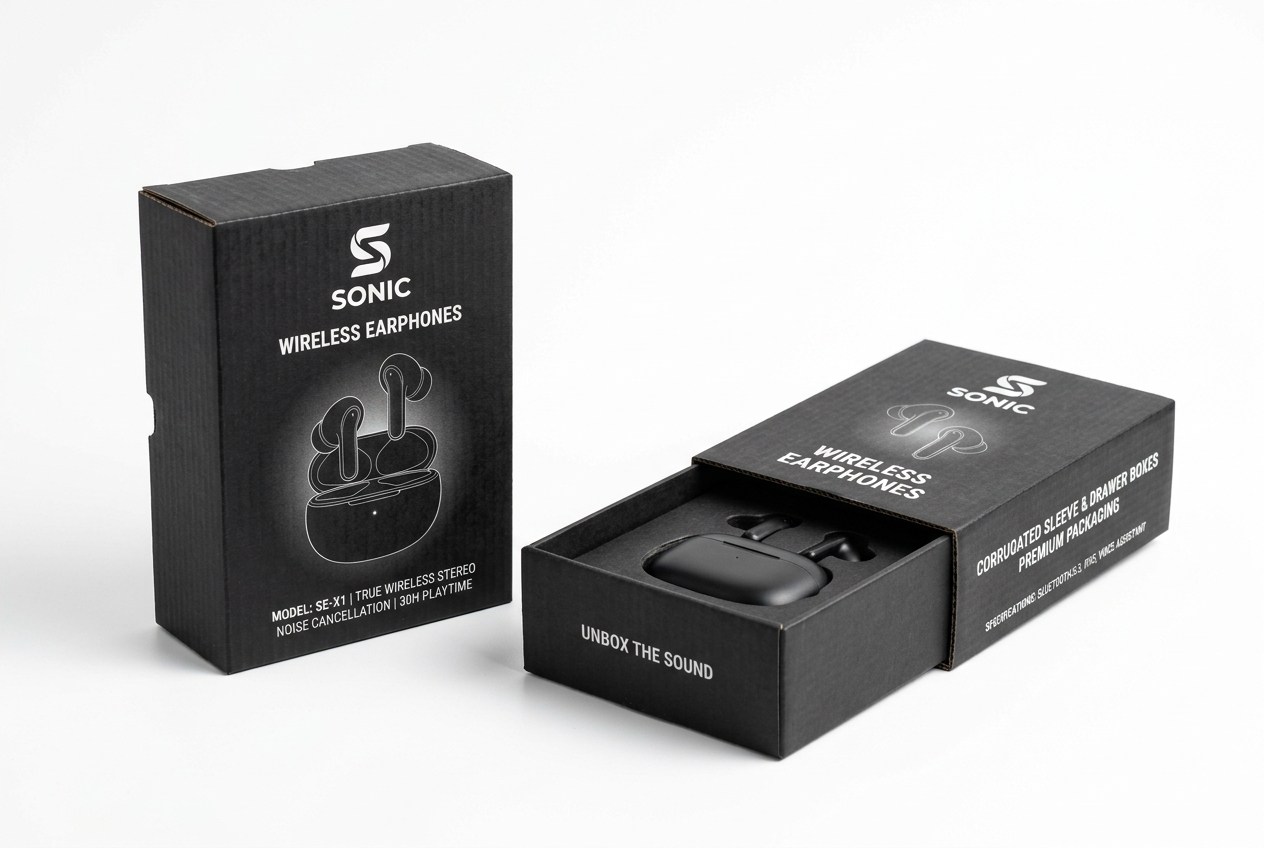Sonic Wireless Earbuds Sleeve & Drawer Box front view