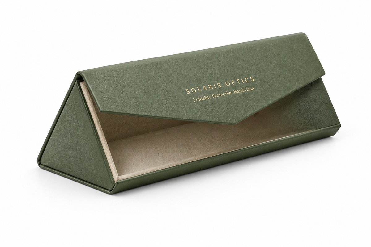 Foldable Triangular Magnetic Protective Sunglasses Case packaging product