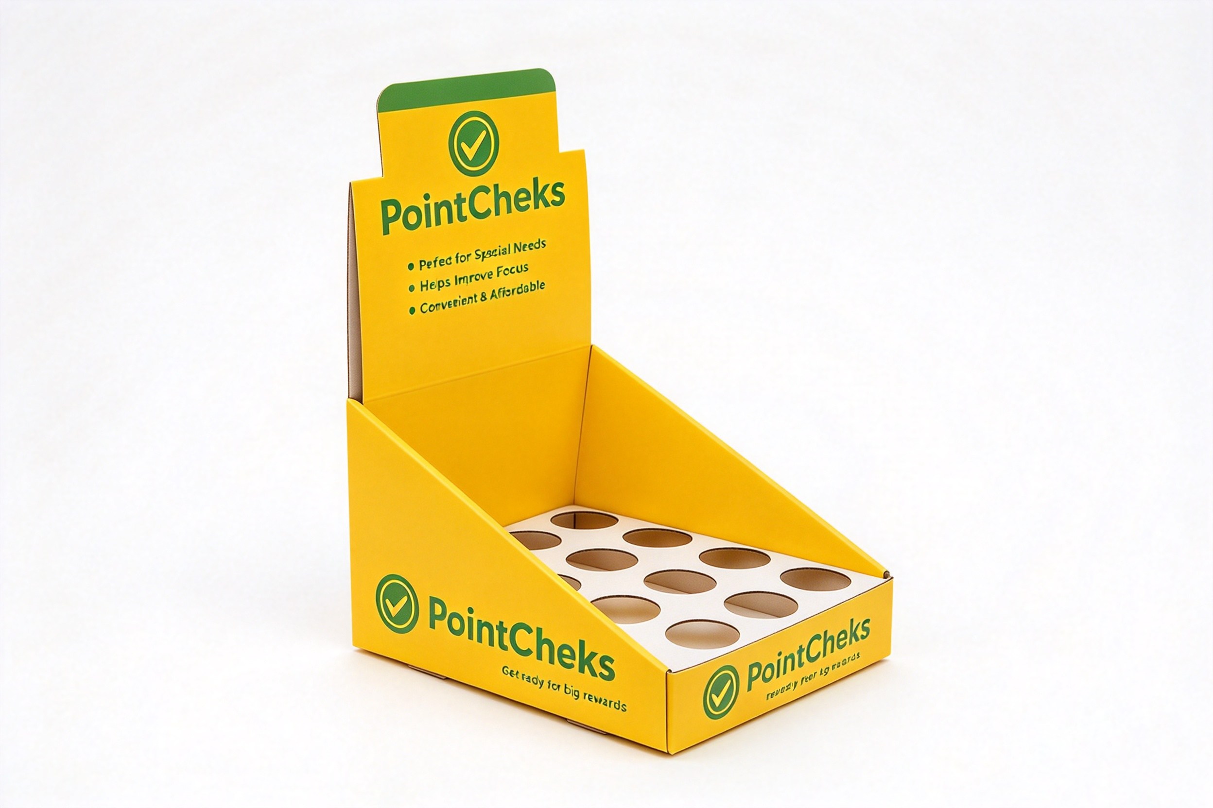 Yellow Header-Card Display Tray with Product Holes front view
